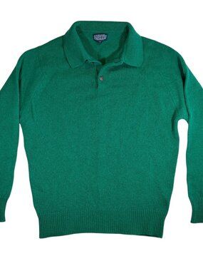 Vintage 80s LANDS END 100% Wool Button Collar Pullover Sweater Green Medium